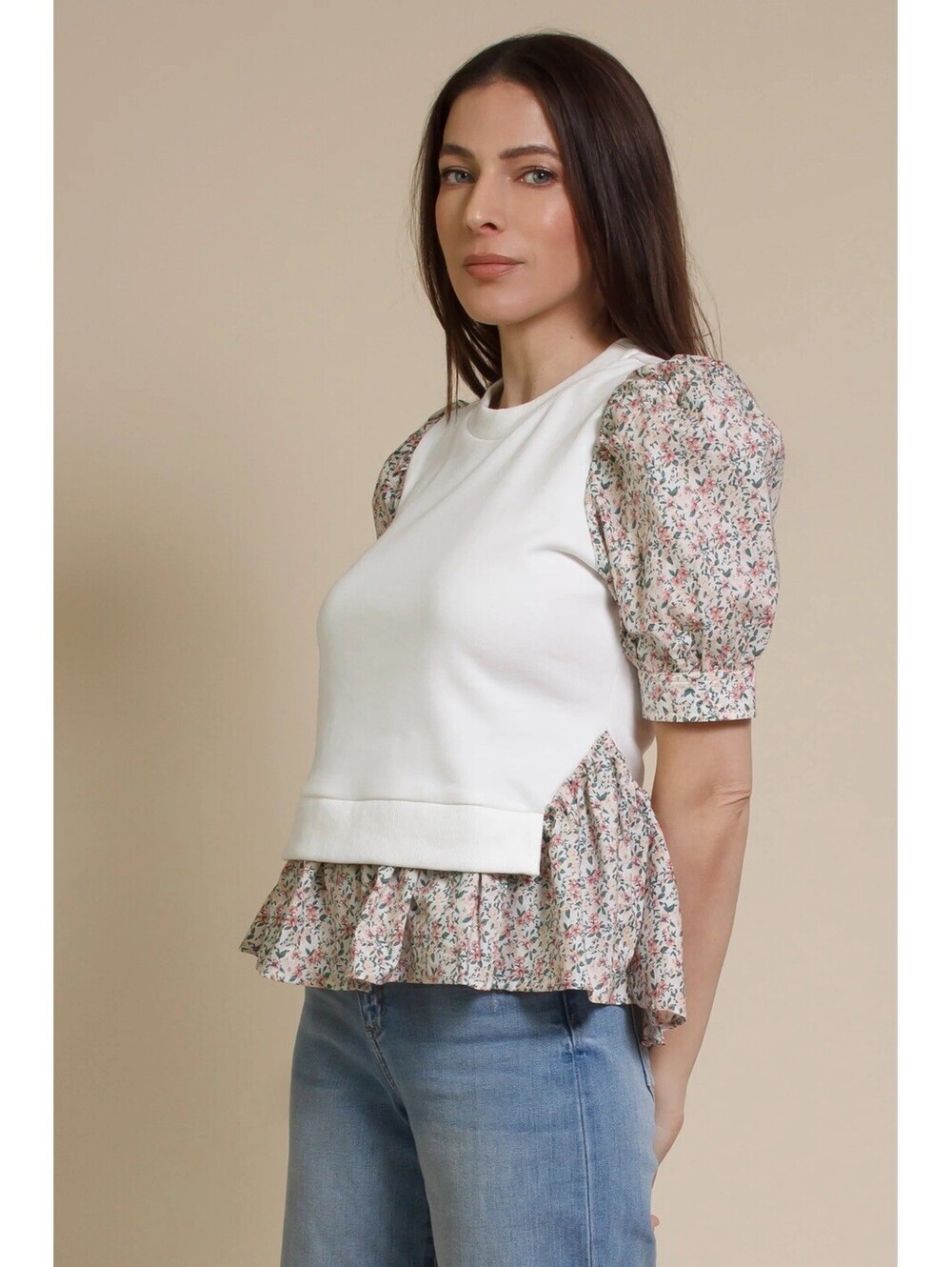 Anthropologie Mixed Media Floral Puff Sleeve Peplum Top NWT $98 Size XS